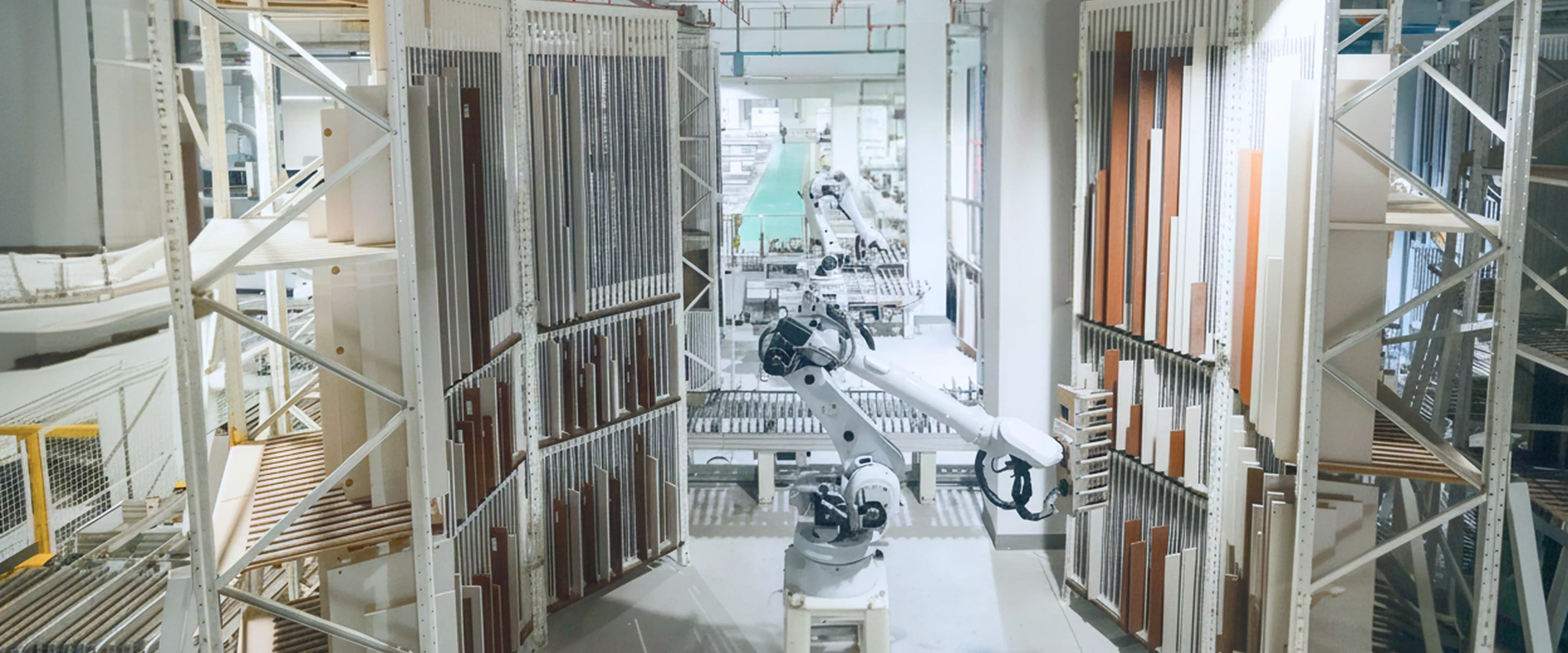 Partner factory floor stacked with tile, stone and panel samples ready for despatch