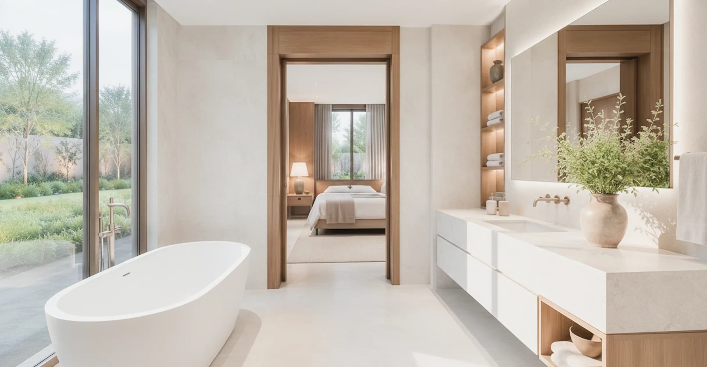 Bathroom fitted with tiled walls, stone vanity and sanitary ware